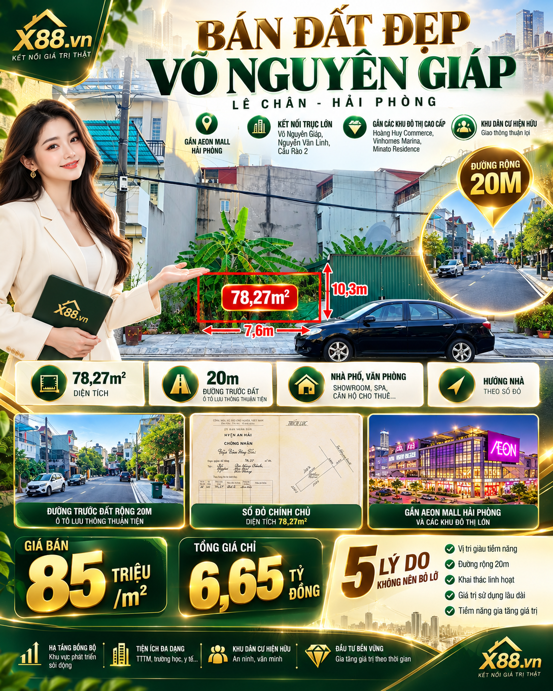 Thông tin tổng hợp lô đất Lê Chân Hải Phòng: 78,27m2, đường 20m, giá 85 triệu mỗi m2, tổng 6,65 tỷ đồng